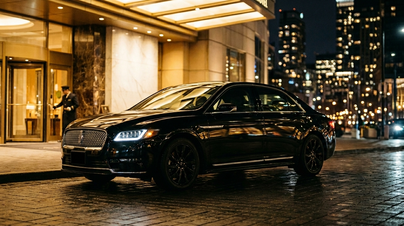 Black Lincoln Continental executive sedan parked outside a luxury hotel at night