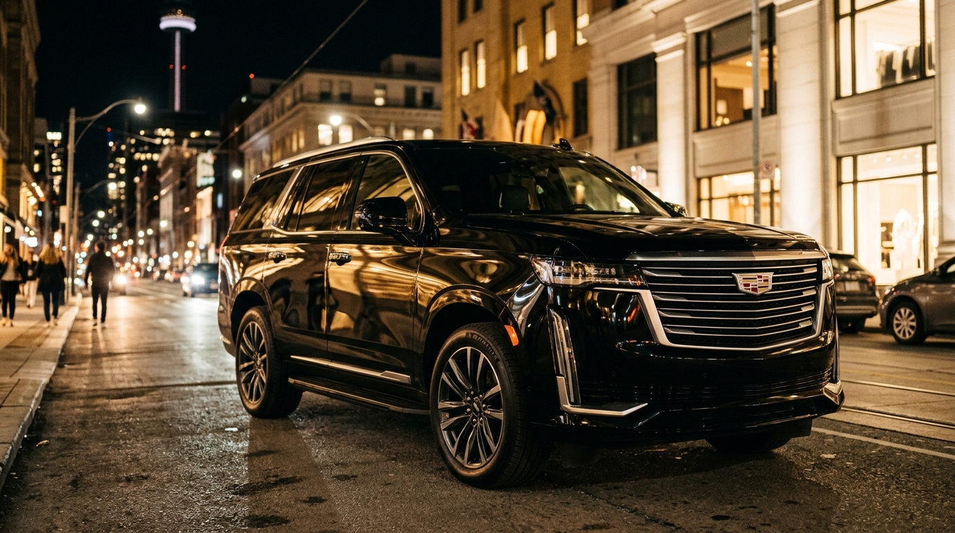 Black Cadillac Escalade luxury SUV on a Toronto downtown street at night