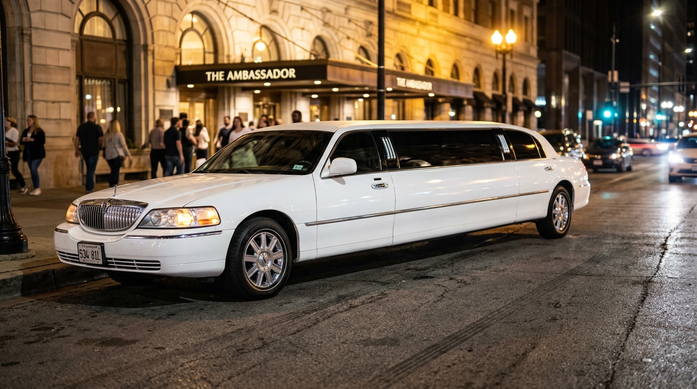 White stretch limousine parked outside a luxury venue at night with golden lighting